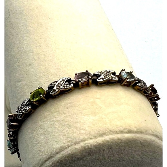 Vintage Multi-Stone Sterling Silver Bracelet With X Design & Gemstones    B19 - Picture 6 of 14